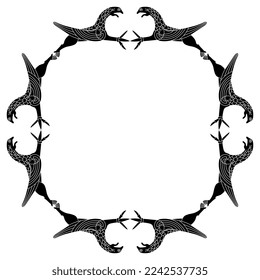 Geometrical border or frame design with fantastic winged griffins. Medieval Viking motif. Black and white silhouette.