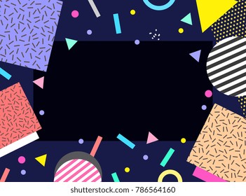 Geometrical Border Frame. Holiday Confetti. Memphis Pattern. Retro, Vintage 80s, 90s Style. Vector Artwork. Blue, Black, Pink, Yellow, Beige, Blue, Purple Colors. Logo, Label, Branding. Print, Poster