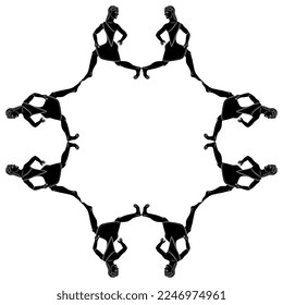 Geometrical border or frame with running ancient Greek women. girls. Spartan Amazon girls. Black and white silhouette.