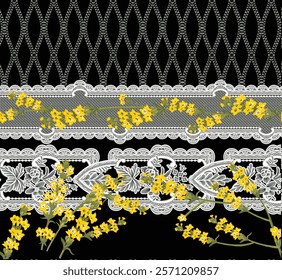 Geometrical borders combining floral elements and symmetrical layouts for textiles and branding.
