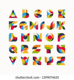 Geometrical bright colour latin font, graphical decorative type. 