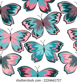 Geometrical chaotic colored grid, hand drawn doodle insects shapes, rainbow color palette.  Butterfly seamless pattern. 