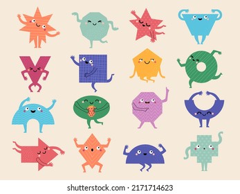 Geometrical characters. Triangles polygonal square circle and oval shapes for kids education exercises recent vector figures with funny faces