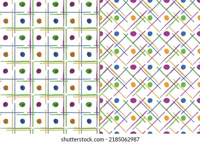 Geometrical checked seamless pattern, collection of 2. Hand drawn doodle lines, cartoon style design, decorative circle element. Halloween party colors palette. Transparent background. Vector 