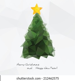 Geometrical Christmas tree icon, colorful polygonal background