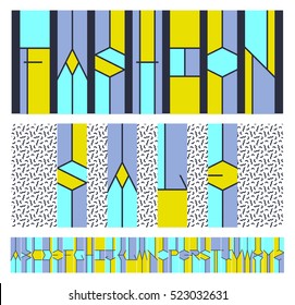 Geometrical color latin font, graphical decorative type, bright contrast alphabet for fashion banners, cards, advertisements, announcements. Can be used as monograms or for identity. 