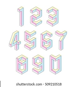 Geometrical color outline numbers. Graphical decorative shapes. Trendy type. Mathematics symbols. Isometric vector illustration. 3d figures. Digital characters.