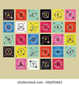 Geometrical colorful and trendy outline alphabet letters labels set on beige background