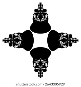 Geometrical cross shape animal design or frame with four falcon heads. Ancient Egyptian god Horus as sacred bi