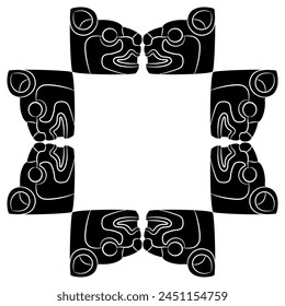 Geometrical cross shape animal frame with stylized puma heads. Ethnic motif of Maya Indians. Native American art. Black and white silhouette.