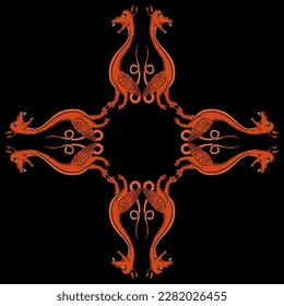 Geometrical cross shape animal ornament or frame with fantastic medieval dragons. Illuminated manuscript style. Red and black silhouettes on black background. Isolated vector illustration.