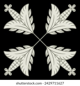 Geometrical cross shape design with four stylized lily flowers. Folk style. Square Fleur-de-lis  motif. Monochrome silhouette.