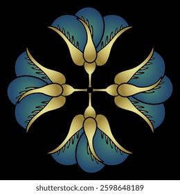 Geometrical cross shape design with four stylized flowers. Rose bud mandala. Ethnic floral motif from Ancient Greek Rhodes island. Gold and blue on black background.