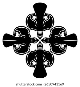 Design geométrico em forma de cruz com quatro aves estilizadas. Símbolo étnico de animal totem da China antiga. Silhueta em preto e branco.