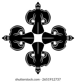 Design geométrico em forma de cruz com quatro aves estilizadas. Símbolo étnico de animal totem da China antiga. Silhueta em preto e branco.