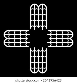 Geometrical cross shape design or frame with ancient Egyptian motifs. Black and white silhouette.