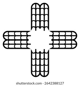 Geometrical cross shape design or frame with ancient Egyptian motifs. Black and white silhouette.