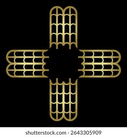 Geometrical cross shape design or frame with ancient Egyptian motifs. Golden glossy silhouette on black background.