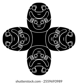 Geometrical cross shape design with stylized human figurines holding masks or heads. Indigenous Native American art from ancient Peru. Recuay culture. Black and white silhouette.