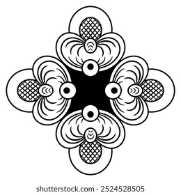 Geometrical cross shape design with vintage motives. Decorative element. Folk style. Black and white silhouette.