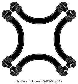 Geometrical cross shape ethnic design or frame with curved arcs and kissing human heads. Ancient Minoan motif. Black and white silhouette.