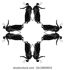 Geometrical cross shape ethnic frame or ornament with standing ancient Greek men. Vase painting style. Black and white silhouette.
