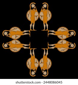 Geometrical cross shape ethnic ornament or frame with standing Ancient Greek warriors with shields and helmets. Vase painting style. On black background.