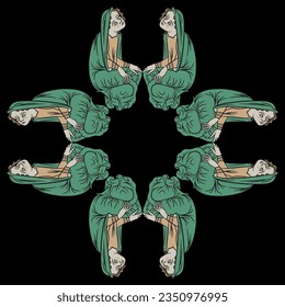 Geometrical cross shape frame design with sitting medieval women in green dresses. Illuminated manuscript motif. On black background.