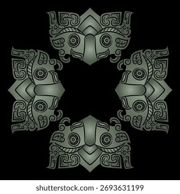 Geometrical cross shape frame with ethnic motifs. Ancient Chinese dragon masks. Green silhouettes on black background.
