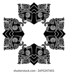 Quadro geométrico em forma de cruz com motivos étnicos. Máscaras de dragão chinês antigo. Silhueta em preto e branco.