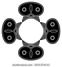 Geometrical cross shape frame with four stylized funny owl faces. Indigenous animal design from ancient Columbia. Black and white silhouette.