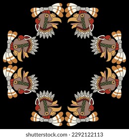 Geometrical cross shape frame with heads of a vulture bird or turkey. Ethnic animal design of Aztec Indians from Mexican codex. On black background.