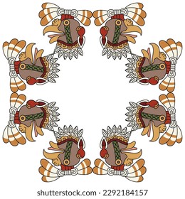 Geometrical cross shape frame with heads of a vulture bird or turkey. Ethnic animal design of Aztec Indians from Mexican codex. Isolated vector illustration.