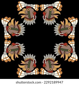 Geometrical cross shape frame with heads of a vulture bird or turkey. Ethnic animal design of Aztec Indians from Mexican codex. On black background.