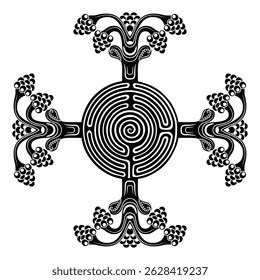 Geometrical cross shape mandala with round spiral maze or labyrinth symbol and medieval floral motifs. Black and white silhouette.