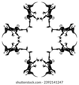 Geometrical cross shape ornament or frame with medieval devils. Black and white silhouette.