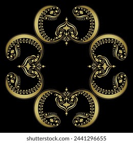 Geometrical cross shape ornament or frame with vintage motifs. Golden glossy silhouette on black background.
