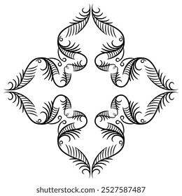 Geometrical cross shape ornament or frame with stylized vines. Medieval floral motives. Black linear silhouette on white background.