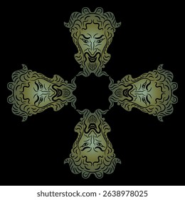 Geometrical cross shape ornament or frame with four heads of antique horned god Pan or Satyr. Green masks on black background.