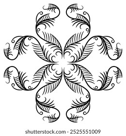 Geometrical cross shape ornament with stylized vines. Medieval floral motives. Black linear silhouette on white background.