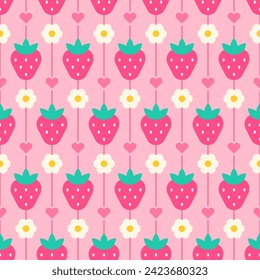 Geometrical cute strawberry, flower and heart seamless pattern with striped background.