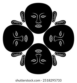 Geometrical design with four human masks from ancient China. Ethnic Buddhist symbol. Black and white silhouette.