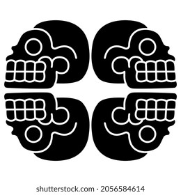 Geometrical design with four stylized human skulls. Halloween motif. Native American art of Aztec Indians from Mexican codex. Spooky funny death symbol. Black and white silhouette.