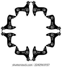 Geometrical design or frame with fantastic animals or griffins. Ancient Viking folk motif. Black and white silhouette.