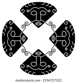 Geometrical design with masks of Norse god Loki. Black and white silhouette.