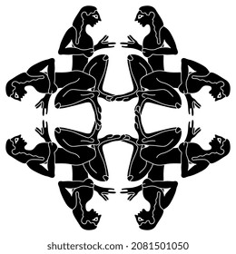 Geometrical design or square mandala with sitting ancient Greek young men. Black and white negative silhouette.