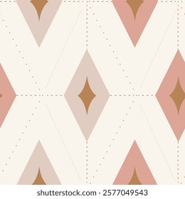 Geometrical diamond shapes with dots and lines in illusion of sparkling celestial design in peach, brown and gray on off white background. A seamless vector pattern. Great for home decor, fabric,gifts