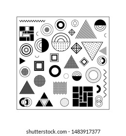 Geometrical elements set with modern   forms and textures - wave, dotted, striped. Minimalistic shapes - circle, square, triangle. Black and white colors.
Collection of figures for design ideas.