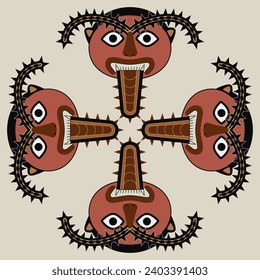 Geometrical ethnic cross shape design with human faces and cacti spiky motifs. Ancient Peruvian art of Nazca Indians.