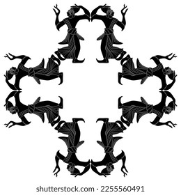 
Geometrical ethnic cross shape frame with dancing ancient Etruscan women. Ethnic style. Black and white silhouette.